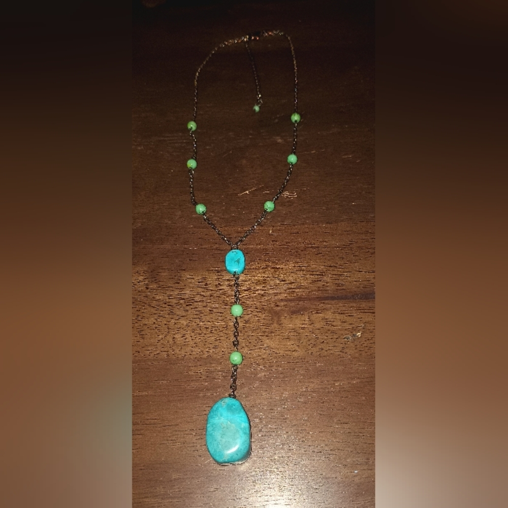 Faux Turquoise & Green Turquoise Beaded Gunmetal Necklace (Unsigned)